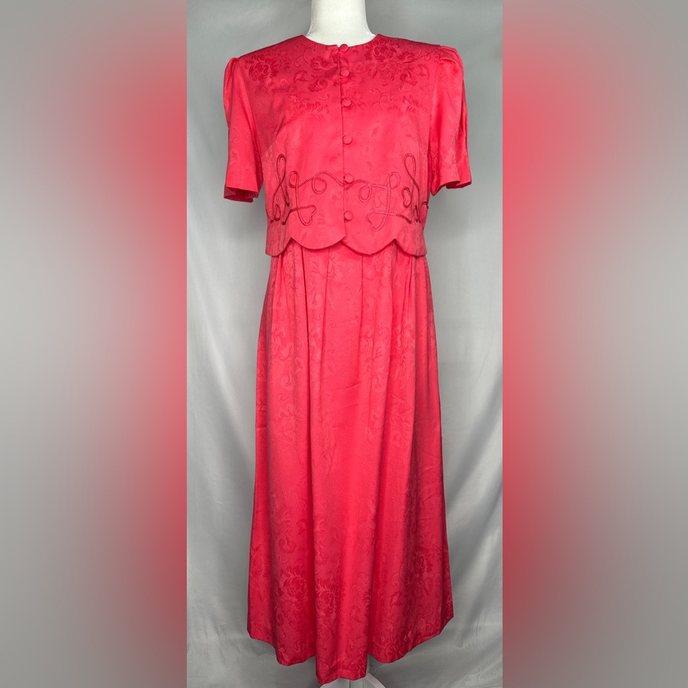 Vintage Miss Dorby‎ Petites Floral Jacquard Attached Jacket Dress Coral Sz 12P